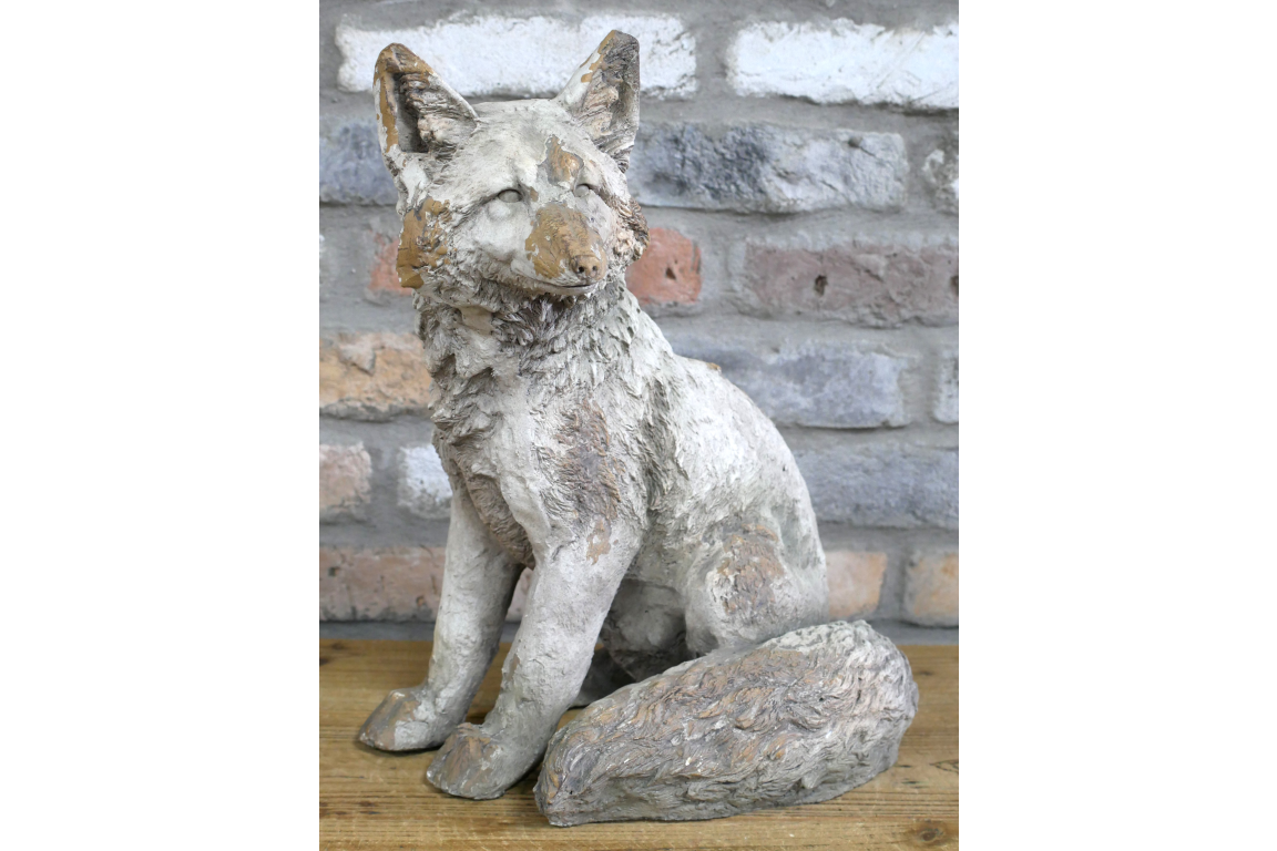 Rustic MGO Sitting Fox Statue - Antique White Shabby Chic Lawn Ornament