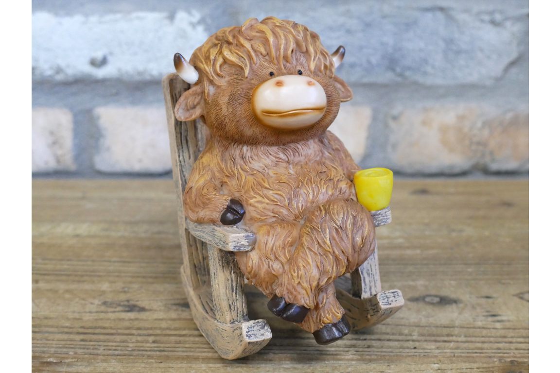 Cute Highland Cow in Rocking Chair Ornament – Resin Calf Figurine Home Decor