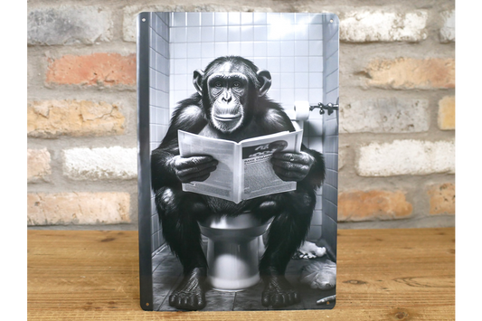 Chimpanzee on Toilet Metal Sign - Quirky Bathroom Wall Art Plaque