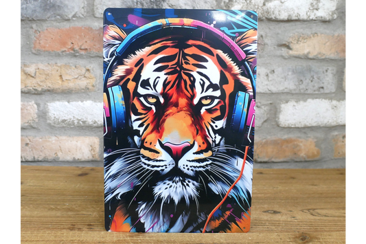 DJ Tiger Street Art Metal Sign - Vibrant Graffiti Big Cat Wall Art Plaque
