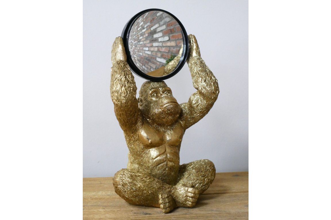 Gold Gorilla Vanity Mirror Figurine - Quirky Resin Monkey Desk Decor