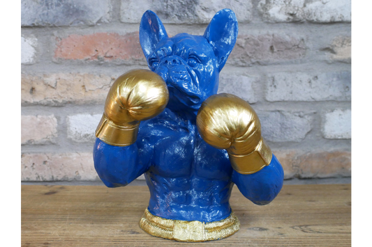 Gold Boxing French Bulldog Bust - Quirky Blue Resin Frenchie Dog Statue