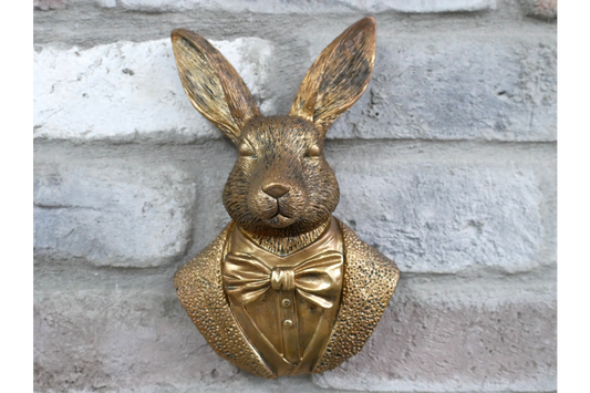 Antique Gold Hare Gentleman Wall Bust - Compact Resin Rabbit Decor