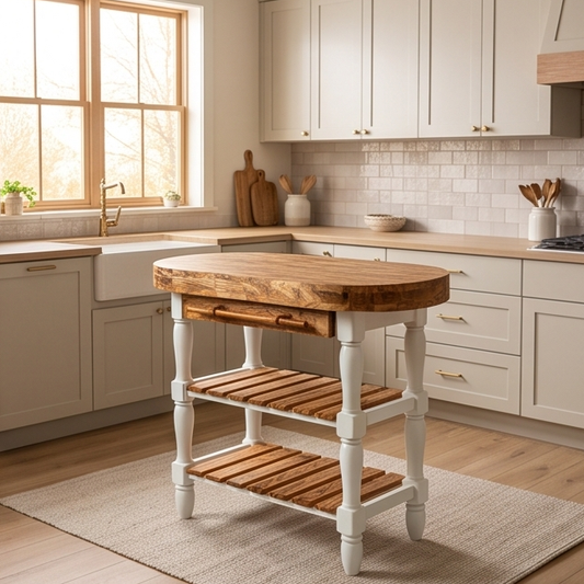 Luxury Oval Olive Wood Kitchen Island Set - Prep Table with 2 Bar Stools