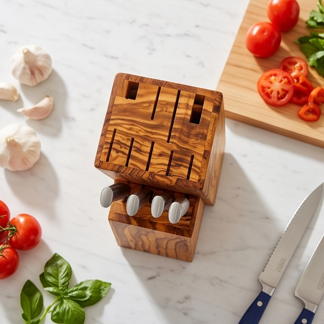 Bloc de couteaux artisanal en bois d'olivier - Organisateur de comptoir universel