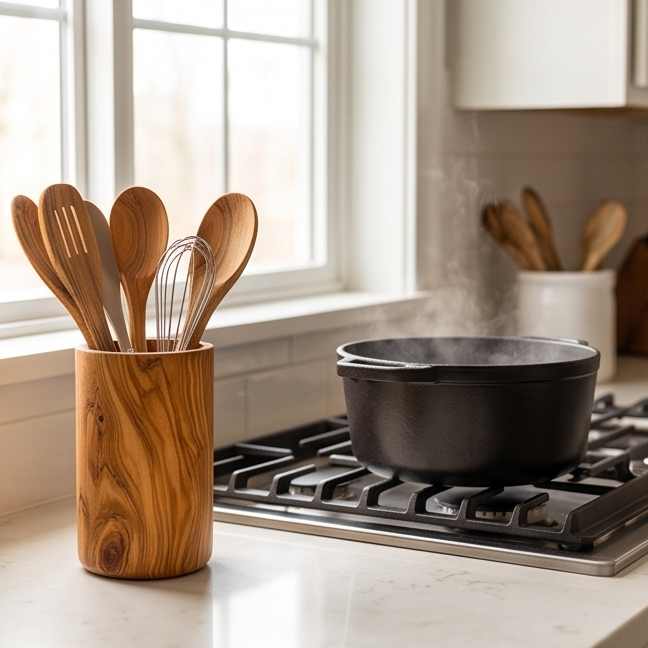 Range-ustensiles en bois d'olivier | Support de spatules et cuillères de cuisine en bois