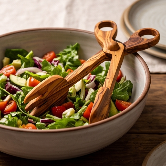 Pinces à salade en bois d'olivier | Ciseaux de service en bois Cuillère Fourchette Pinces alimentaires