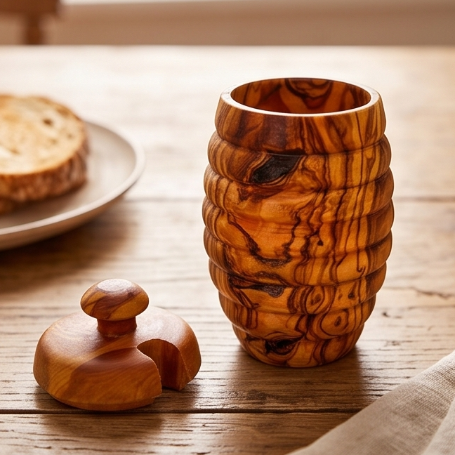 Pot à miel artisanal en bois d'olivier en forme de ruche avec cuillère à miel | 7x13 cm
