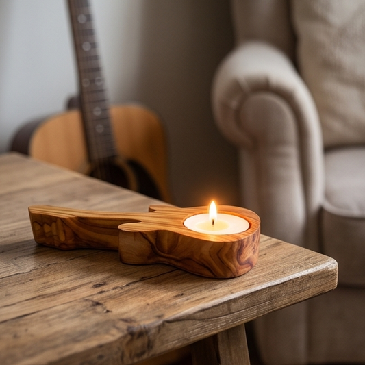 Handcrafted Olive Wood Guitar Candle Holder (15 cm) – Unique Music Gift
