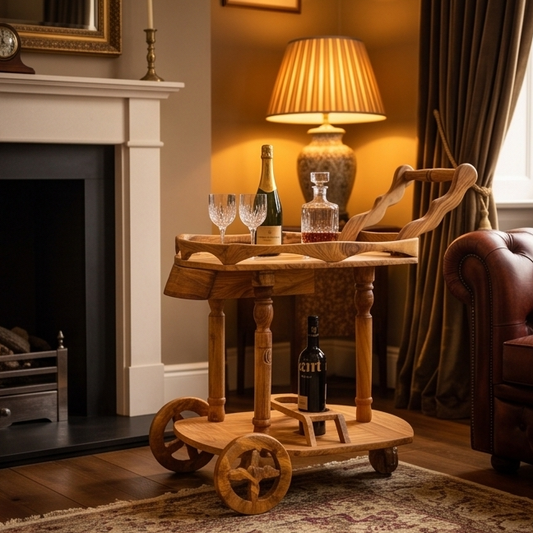 Luxury Solid Olive Wood Bar Cart | Handcrafted Rolling Wine & Beverage Serving Trolley