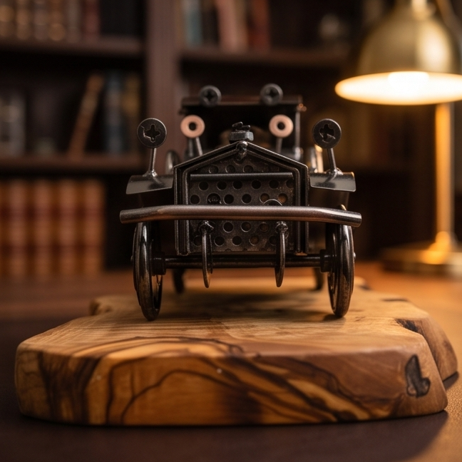 Voiture sur planche en bois d'olivier