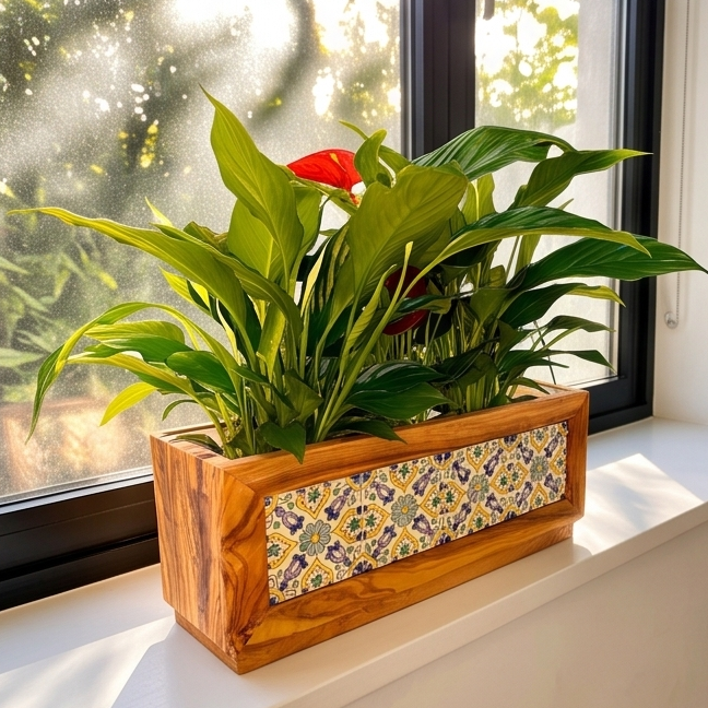 Olive Wood Handmade Wooden Planter with Tiles/Indoor and Outdoor Flower Box/Home and Garden