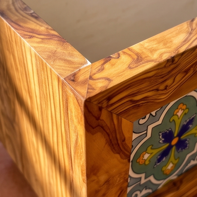 Olive Wood Handmade Wooden Planter with Tiles/Indoor and Outdoor Flower Box/Home and Garden