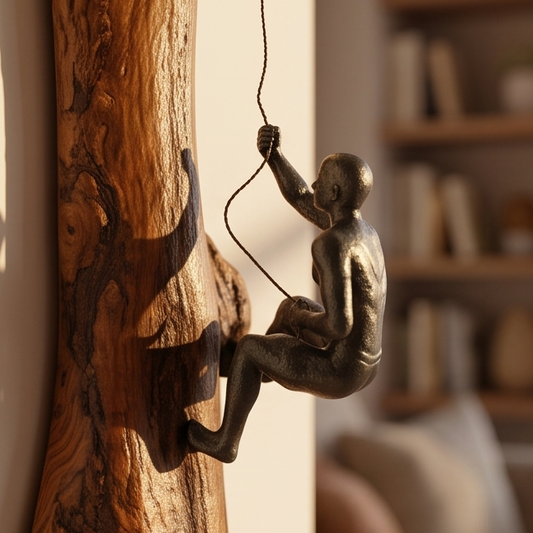 Luxury Wood Rock Climber Wall Art | 3D Cast Iron Climbing Man Sculpture