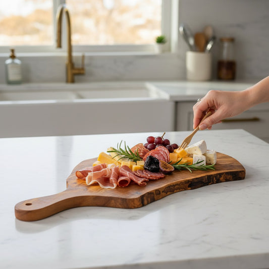 Handmade Olive Wood Live Edge Paddle Board with Handle | Rustic Freeform Charcuterie & Fruit Serving Board | Natural Grain | 30–40 cm