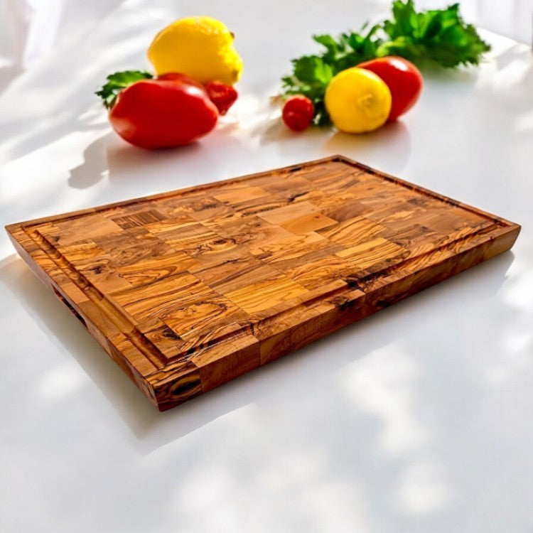 Olive Wood End Grain Chopping/Cutting Board | Large Heavy Rectangular Charcuterie W/ Drip Catching Groove | Various Sizes