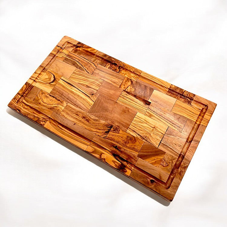 Olive Wood End Grain Chopping/Cutting Board | Large Heavy Rectangular Charcuterie W/ Drip Catching Groove | Various Sizes