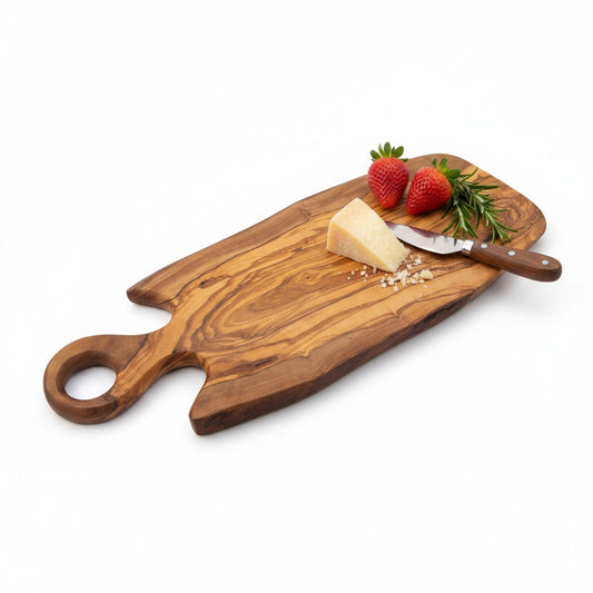 Handmade Olive Wood Freeform Serving Board with Round Loop Handle | Live Edge Cheese Charcuterie & Antipasti Board | Unique Grain | 35–50 cm