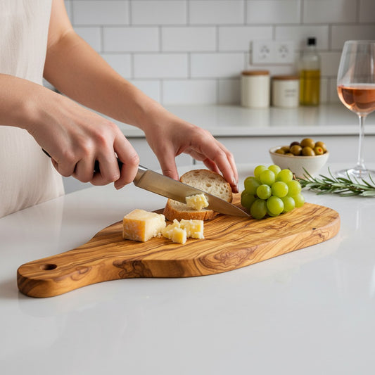 Handmade Olive Wood Live Edge Bread Board with Handle & Hanging Hole | Rustic Paddle Serving Board for Bread Cheese & Antipasti | 28 cm