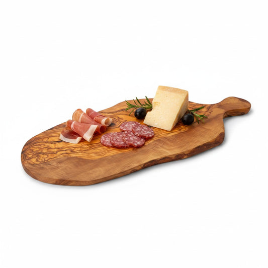 Handmade Olive Wood Teardrop Paddle Serving Board with Handle | Live Edge Charcuterie Cheese & Antipasti Board | Stunning Grain | 35–50 cm