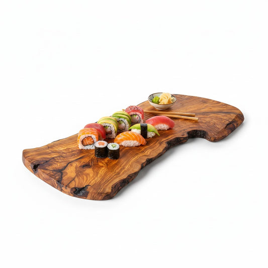 Handmade Olive Wood Large Live Edge Serving Board | Freeform Sushi Charcuterie & Sharing Platter Board | Unique Natural Grain | 40–70 cm