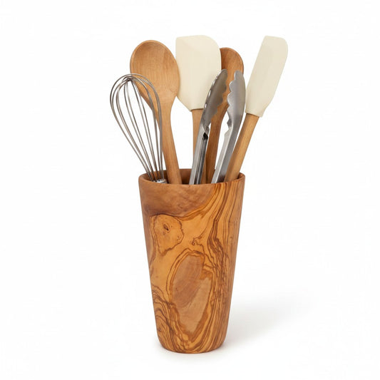 Luxury Solid Olive Wood Utensil Holder | Rustic Kitchen Countertop Storage Organiser
