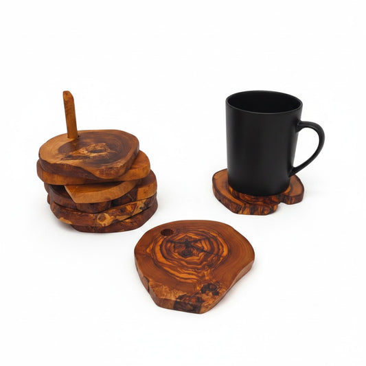 Handcrafted Olive Wood Coaster Set - Rustic Live Edge Drink Coasters with Holder