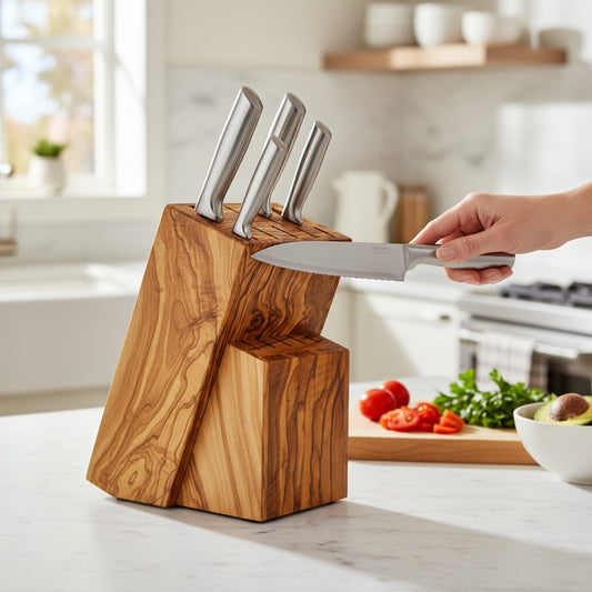 Handcrafted Olive Wood Knife Block Holder - Universal Countertop Organiser