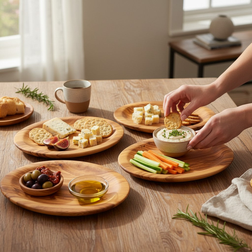 Handcrafted Olive Wood Round Plates - Matching 4pc Tapas & Appetizer Set