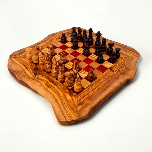 Handcrafted Olive Wood Chess Set | Red or Black Playing Area | Live Edge Board