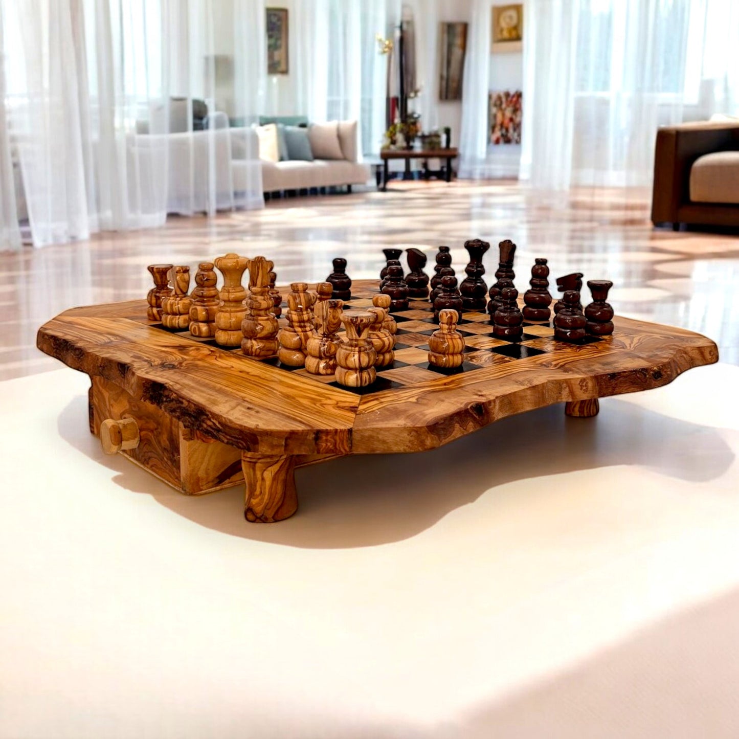Olive Wood Chess Board with Two Drawers
