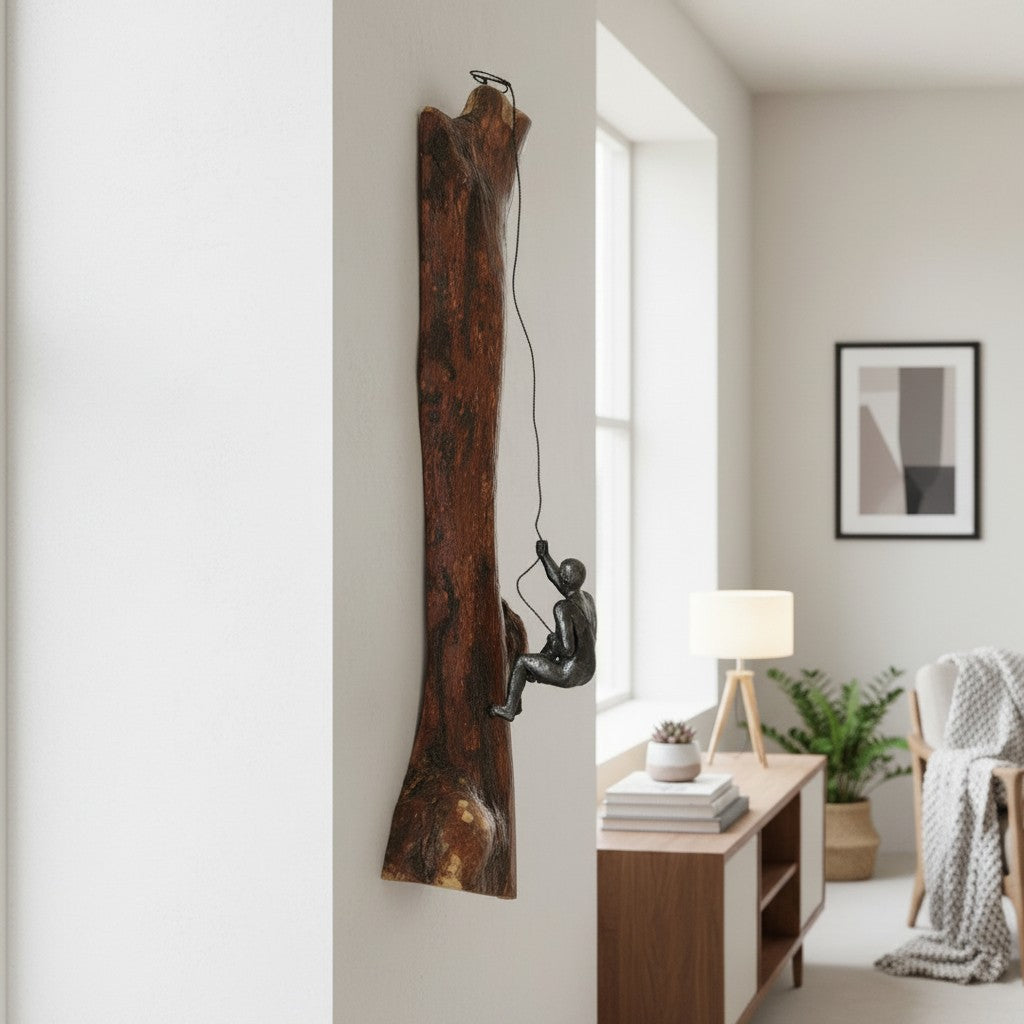 Luxury Wood Rock Climber Wall Art | 3D Cast Iron Climbing Man Sculpture