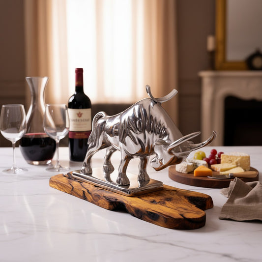 Wall Street Charging Bull Wine Bottle Holder | Luxury Olive Wood Base Bar Decor