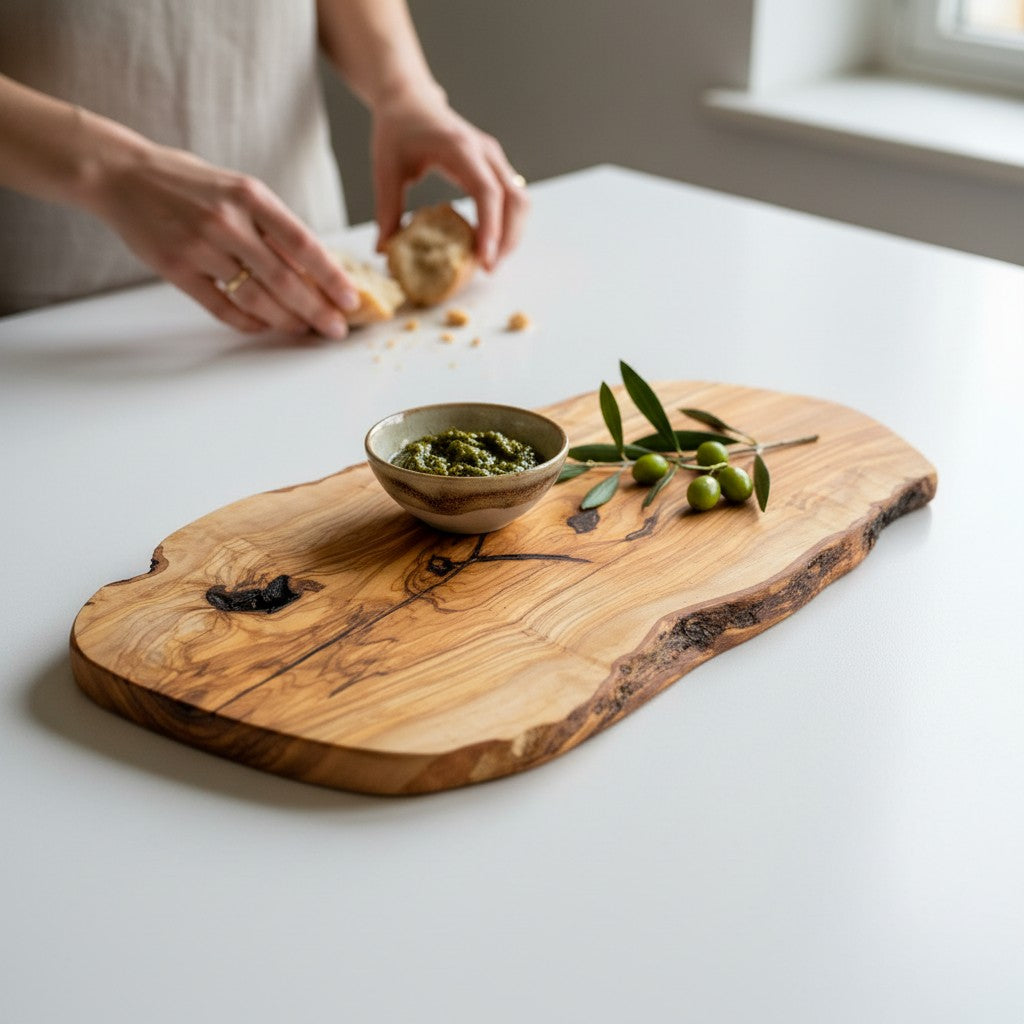 Large Handmade Olive Wood Freeform Serving Board | Extra Large Live Edge Charcuterie & Chopping Board | Unique Grain | 35–60 cm