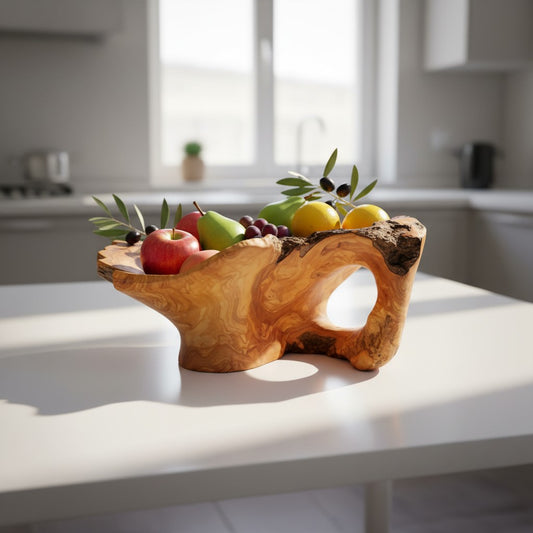 Handcrafted Olive Wood Pedestal Fruit Bowl (47x47x20) | Rustic Table Decor