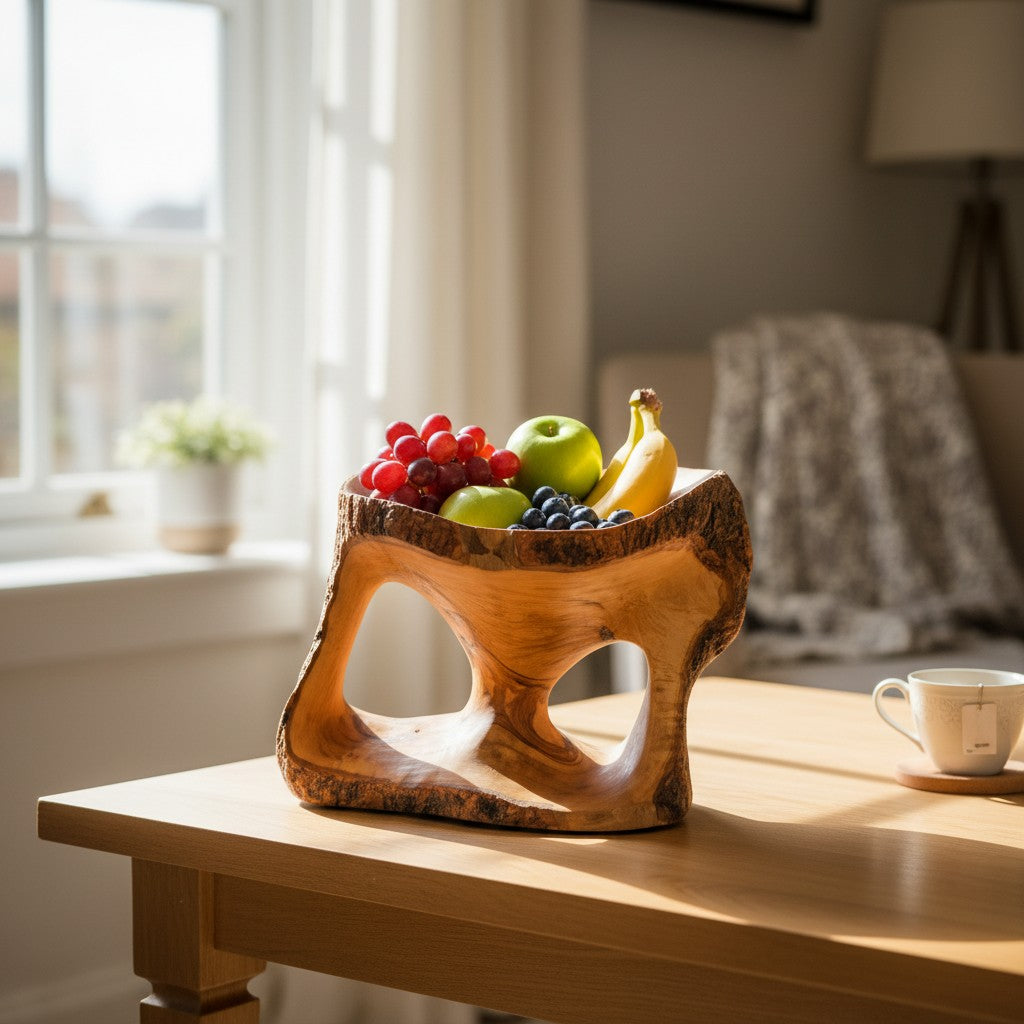Large Olive Wood Fruit Bowl Basket with Handle 25x20x20 cm Rustic Table Centerpiece