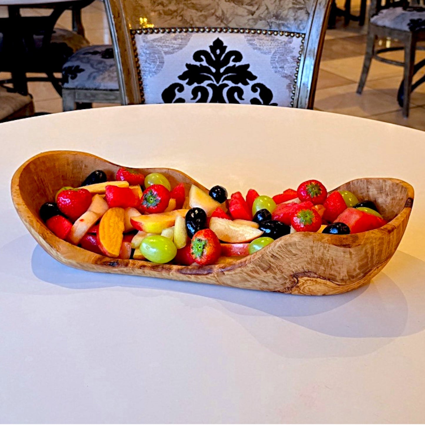 Olive Wood Handcrafted Flat Wooden Fruit Bowl Display Basket
