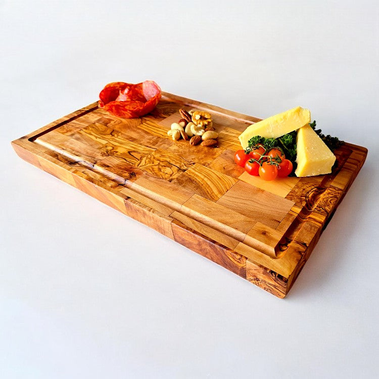 Olive Wood End Grain Chopping/Cutting Board | Large Heavy Rectangular Charcuterie W/ Drip Catching Groove | Various Sizes