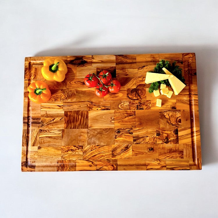 Olive Wood End Grain Chopping/Cutting Board | Large Heavy Rectangular Charcuterie W/ Drip Catching Groove | Various Sizes