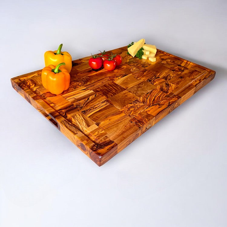 Olive Wood End Grain Chopping/Cutting Board | Large Heavy Rectangular Charcuterie W/ Drip Catching Groove | Various Sizes