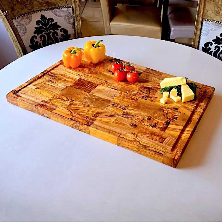 Olive Wood End Grain Chopping/Cutting Board | Large Heavy Rectangular Charcuterie W/ Drip Catching Groove | Various Sizes