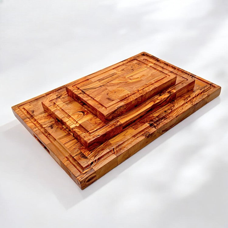 Olive Wood End Grain Chopping/Cutting Board | Large Heavy Rectangular Charcuterie W/ Drip Catching Groove | Various Sizes