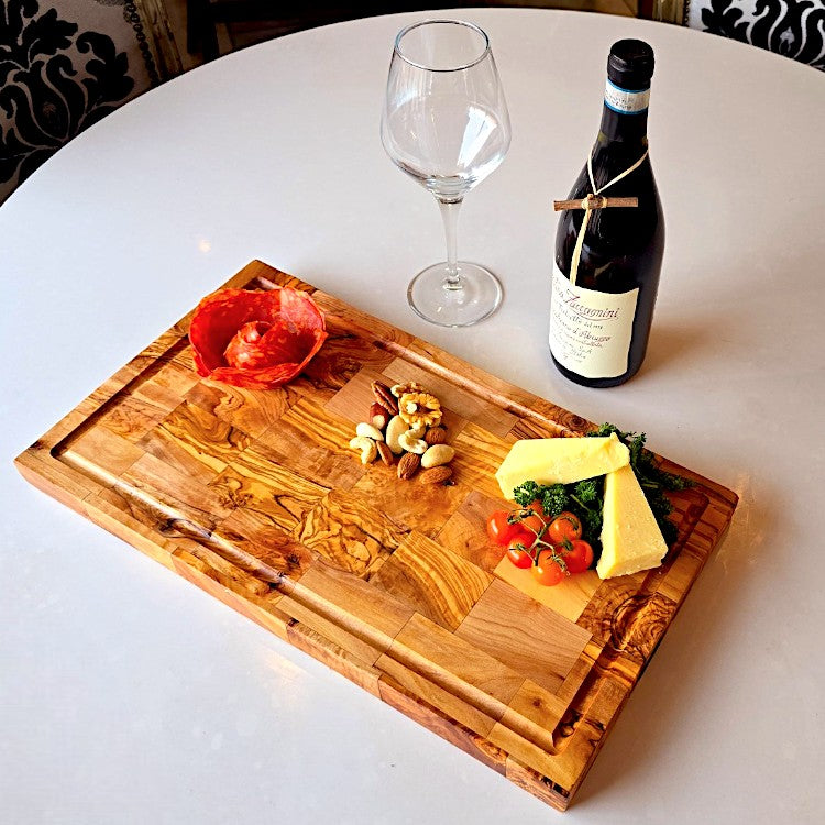 Olive Wood End Grain Chopping/Cutting Board | Large Heavy Rectangular Charcuterie W/ Drip Catching Groove | Various Sizes