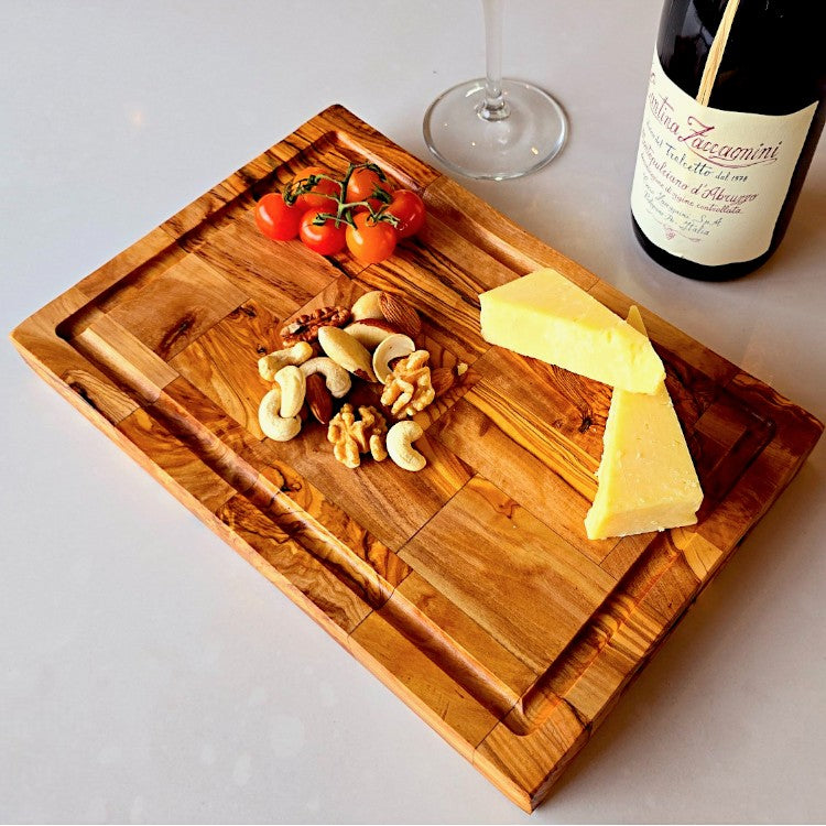 Olive Wood End Grain Chopping/Cutting Board | Large Heavy Rectangular Charcuterie W/ Drip Catching Groove | Various Sizes