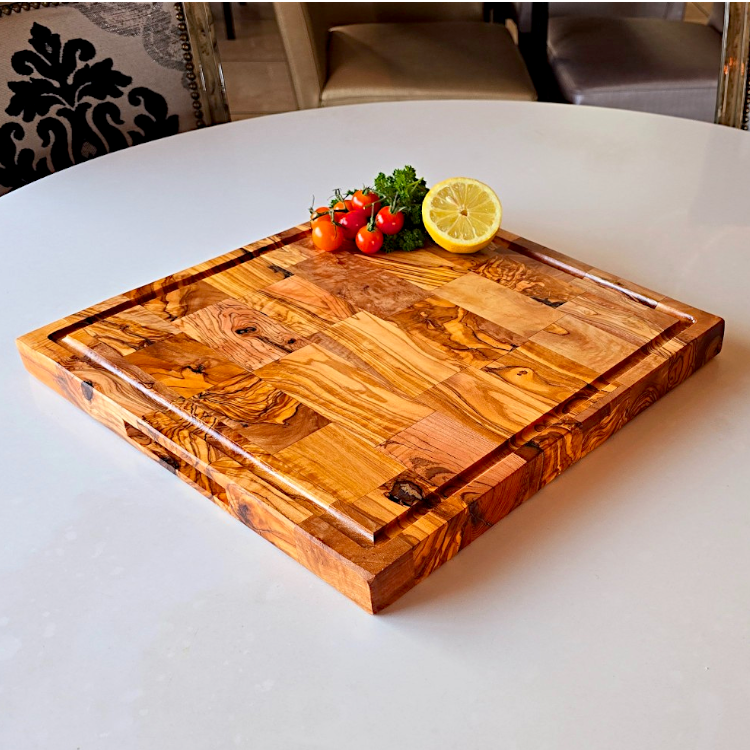 Square End Grain Olive Wood Cutting Board W/ Drip Catcher Groove | 25 | 30 | 35cm