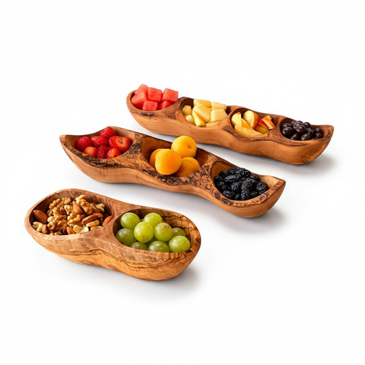 Handcrafted Olive Wood Divided Serving Dish | 2, 3, or 4 Compartment Appetizer Tray | Individual or 3-Piece Set