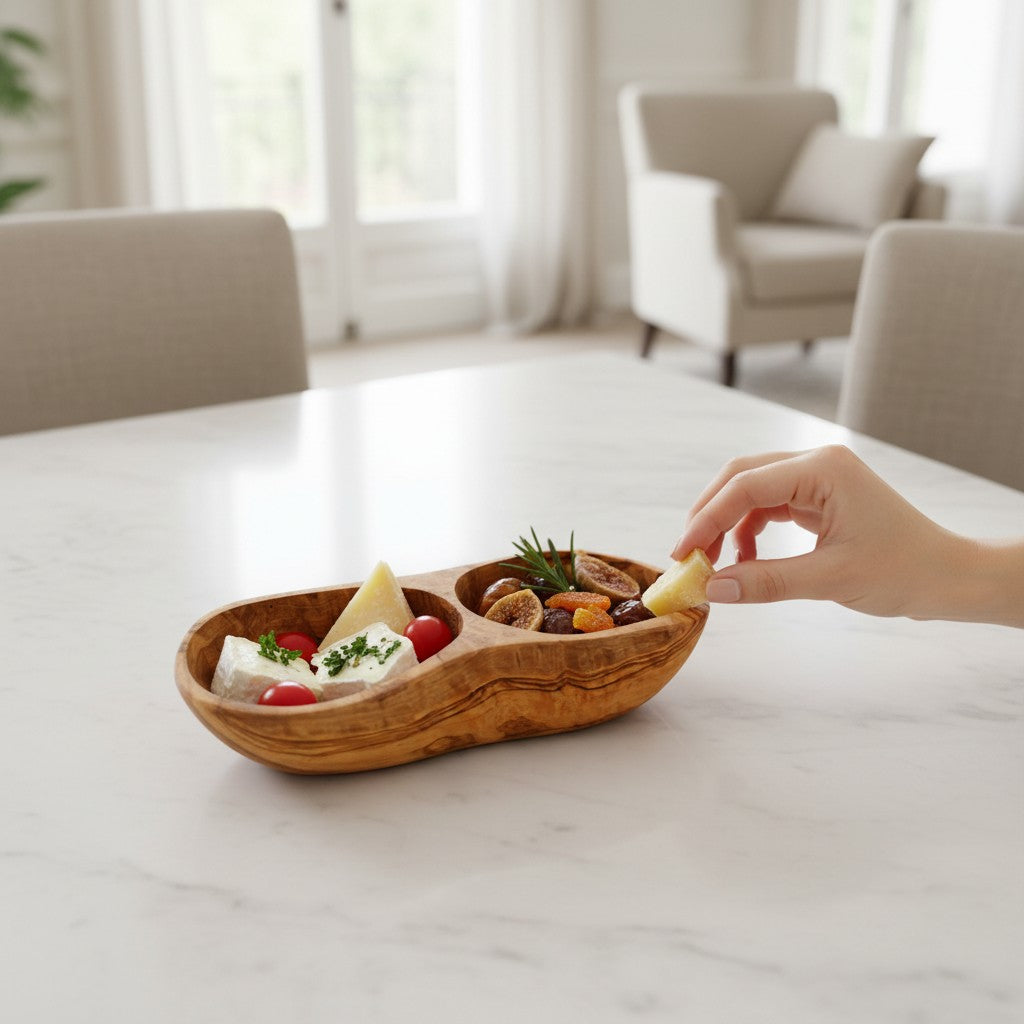 Handcrafted Olive Wood Divided Serving Dish | 2, 3, or 4 Compartment Appetizer Tray | Individual or 3-Piece Set