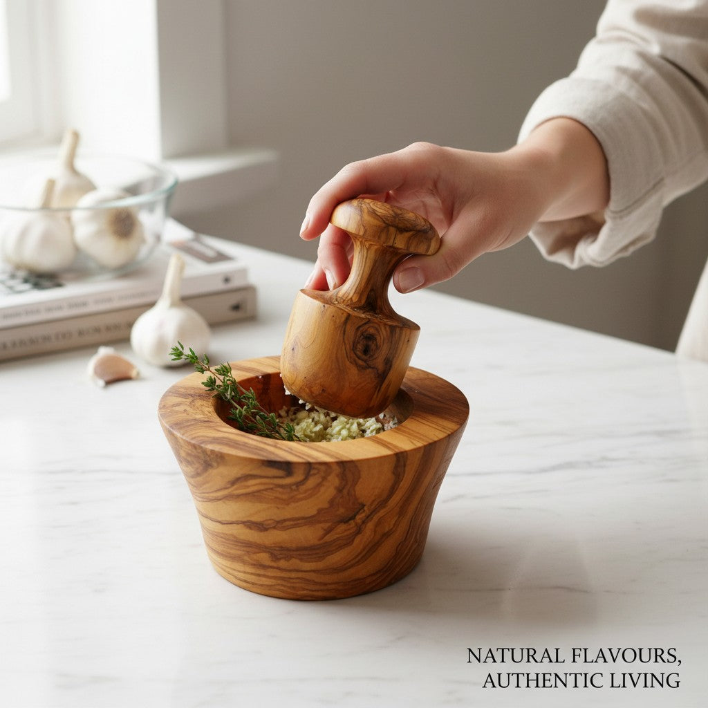 Handmade Olive Wood Large Mortar and Pestle Set | Wide Deep Garlic Spice & Herb Grinder with Mushroom Pestle | Unique Natural Grain | 12–16 cm
