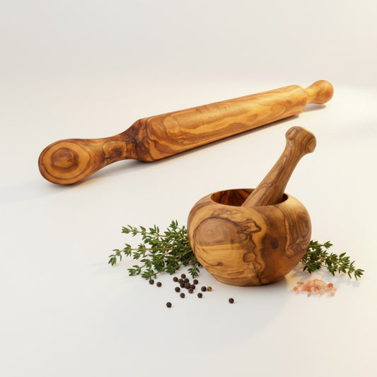 Handmade Olive Wood Baker's Gift Set | 40 cm Rolling Pin & 12 cm Mortar and Pestle Bundle | Beautiful Natural Grain | Perfect Baking Gift