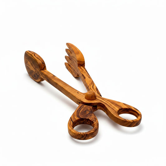 Olive Wood Salad Tongs | Wooden Serving Cooking Scissors Spoon Fork Food Clamps